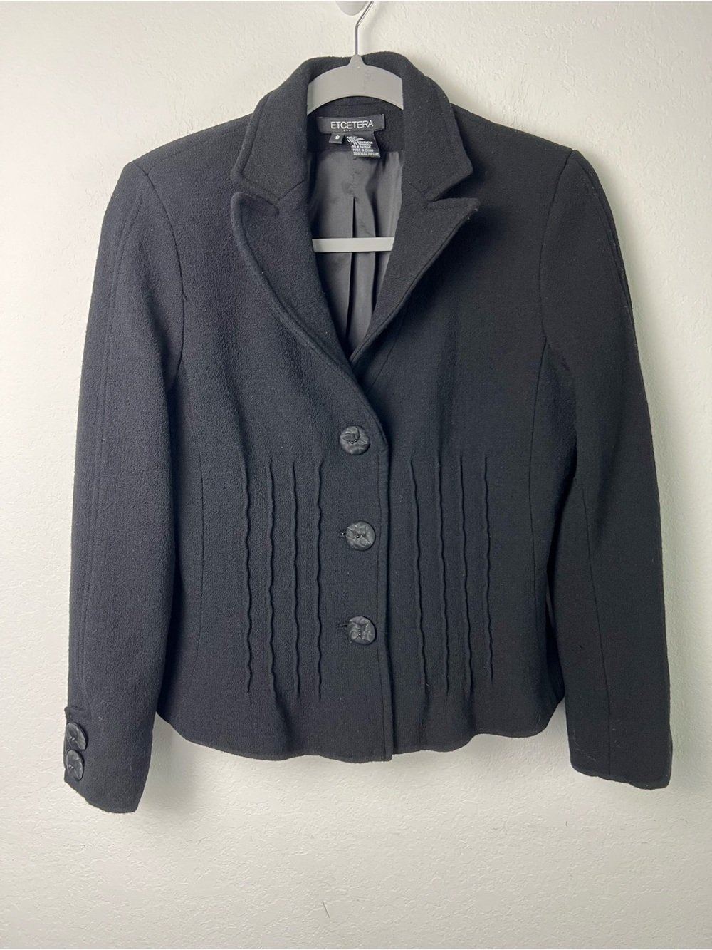 Etcetera Black Wool Pintuck Detail Decorative Buttons Jacket Fall Winter Office